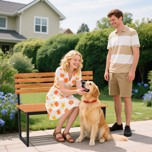 Outdoor Bench Acacia Wood Patio Loveseat with Backrest and Heavy Duty Metal Frame - Tampa Home & Garden Store