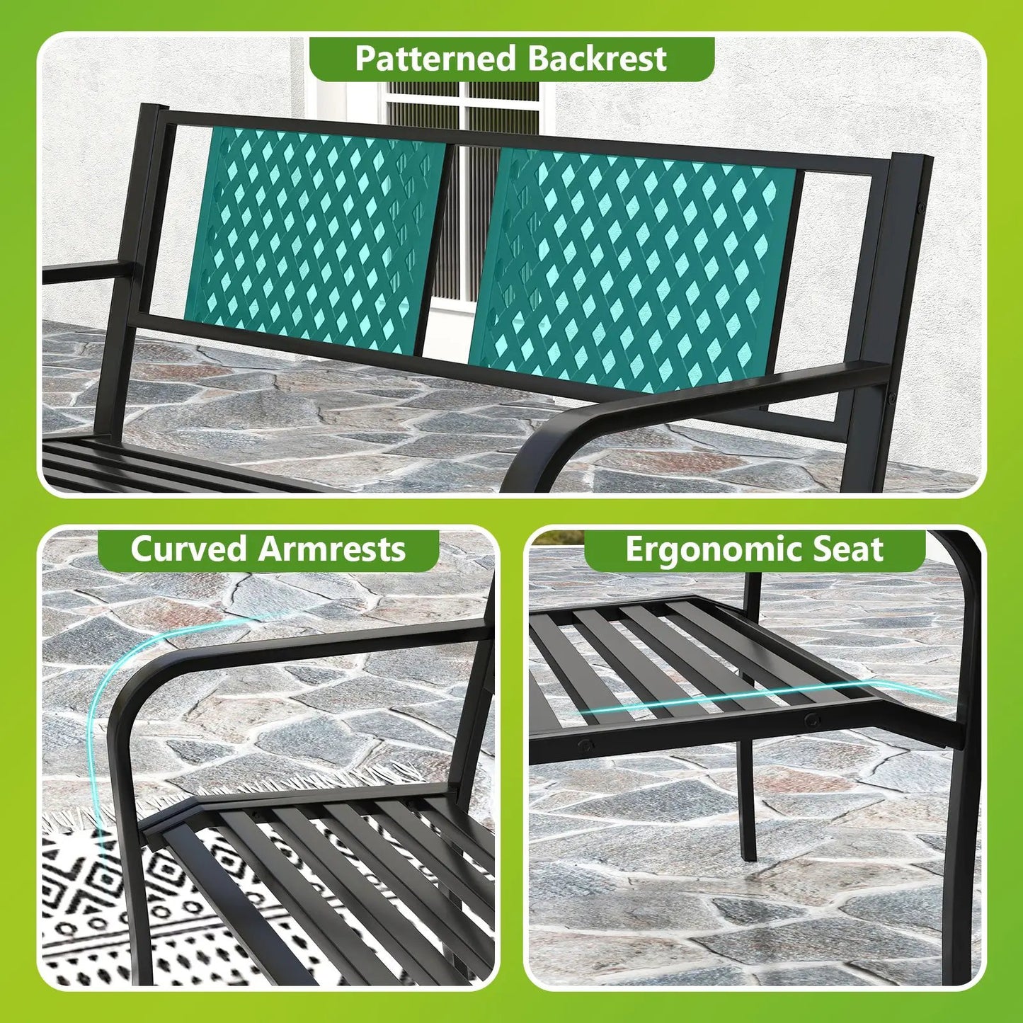 Outdoor metal patio loveseat bench in black with curved arms and teal lattice backrest on Tampa Home & Garden Store