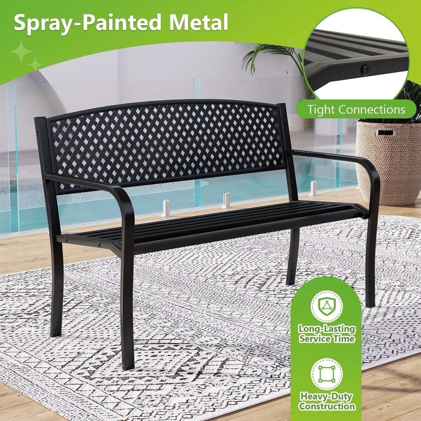 Metal Outdoor Bench With High Back for 2-3, black powder-coated steel, DirectDeals on Tampa Home & Garden Store