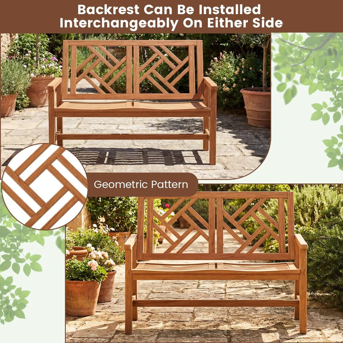 Outdoor wood loveseat bench for two with geometric backrest in brown finish, two benches shown on Tampa Home & Garden Store