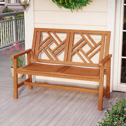 Outdoor Wood Bench 2-Person Patio Loveseat by DirectDeals with geometric lattice backrest on Tampa Home & Garden Store