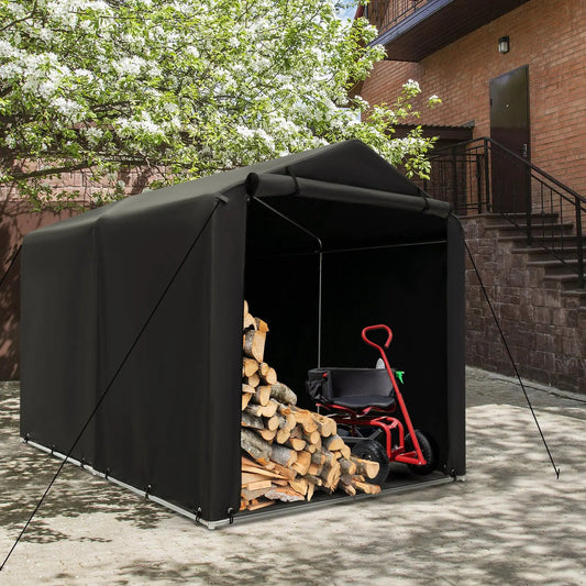 Outdoor Bike Shelter With Waterproof Cover in black fabric with logs stored inside on Tampa Home & Garden Store