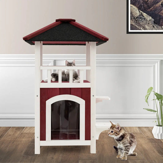 Two Story Wooden Cat House with Balcony Roof fir wood white frame red panels cat on balcony on Tampa Home & Garden Store