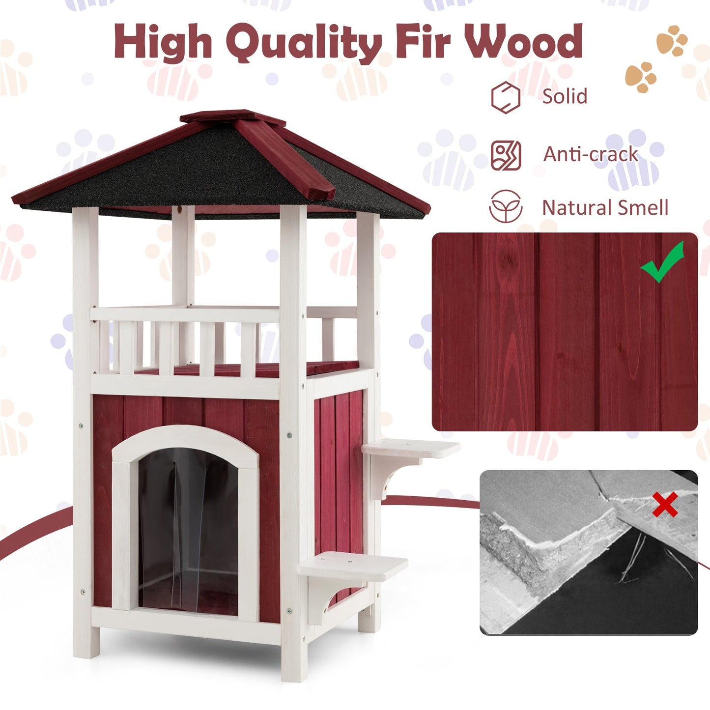 Two Story Fir Wood Cat House with Balcony Roof, white frame and red panels on Tampa Home & Garden Store