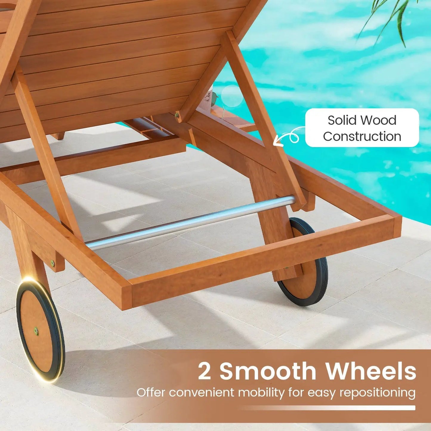Outdoor chaise lounge chair with wheels in natural solid wood finish sunlounger on Tampa Home & Garden Store