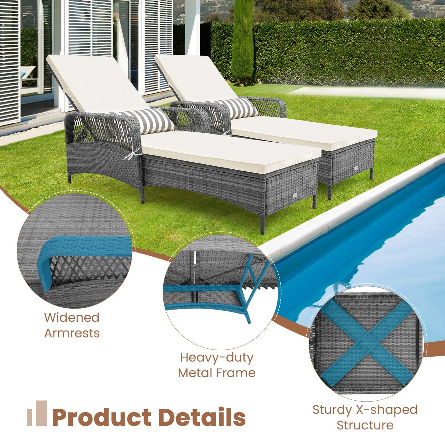 Outdoor Chaise Lounge Chair Recliner with 6-Level Backrest Cushion and Pillow