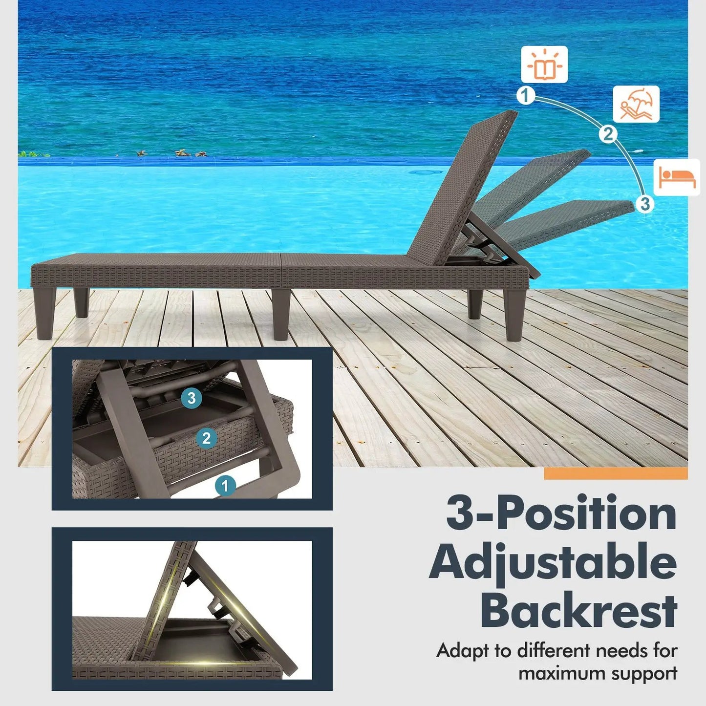 Outdoor Chaise Lounger Chair with Waterproof Rattan Textured PP Surface and 330 lbs Capacity-Brown - Tampa Home & Garden Store