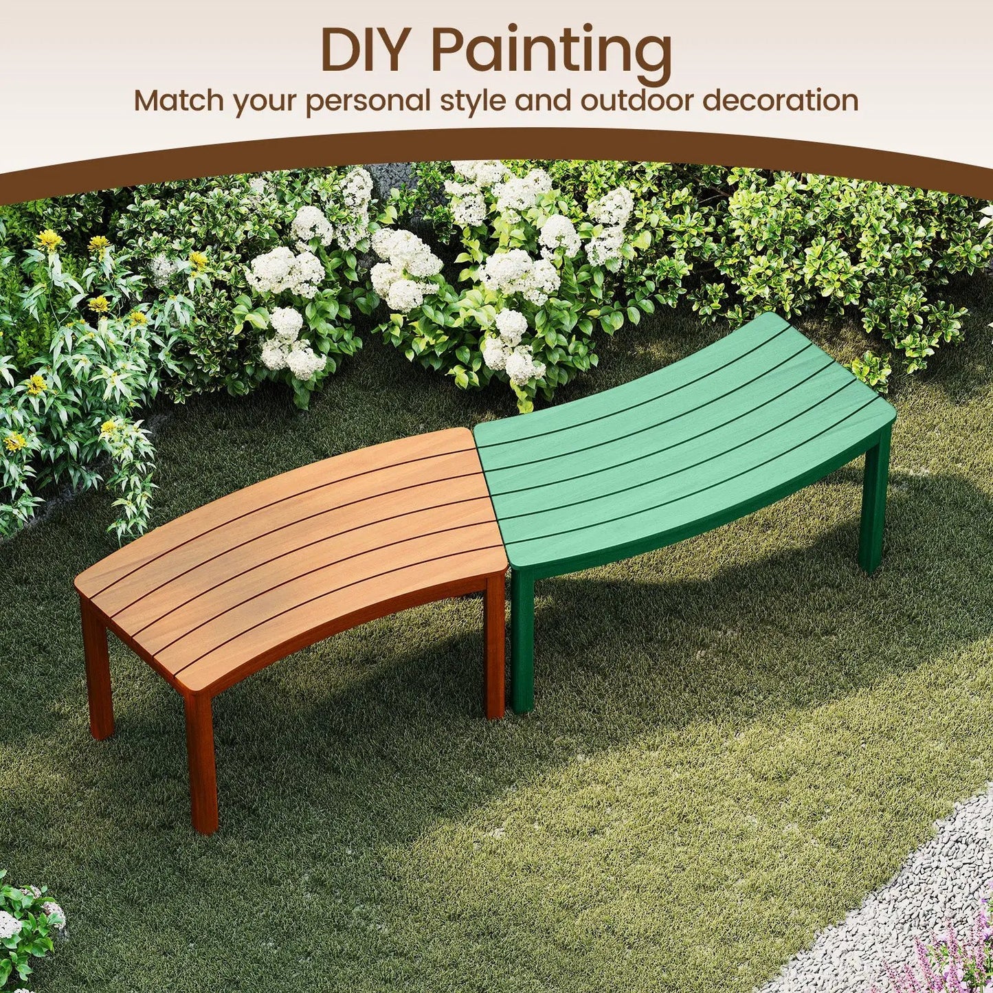 Outdoor curved acacia wood bench set, 2-piece in orange and green, on lawn with shrubs on Tampa Home & Garden Store