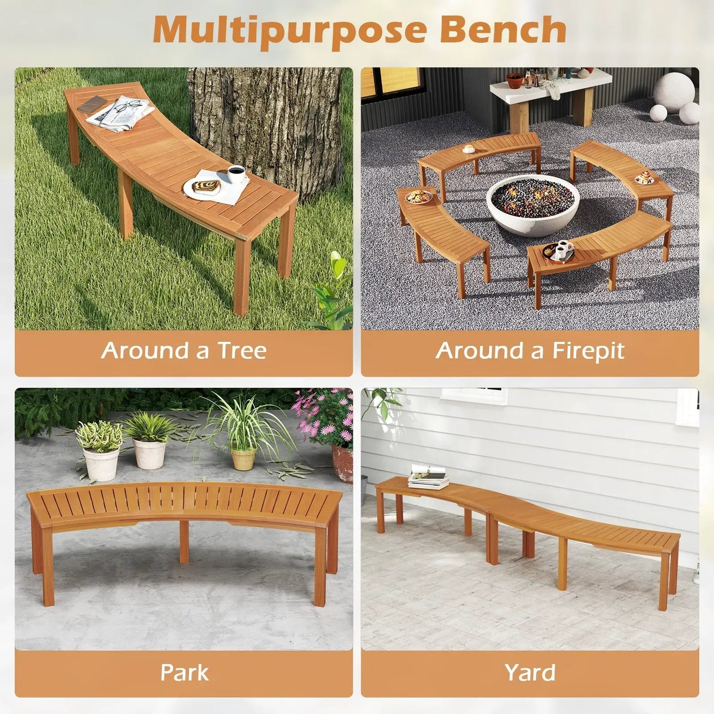 Outdoor curved acacia wood fire pit bench set, 5-piece seating around a circular pit on Tampa Home & Garden Store