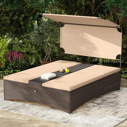 Outdoor Daybed for Two with Adjustable Backrests, tan cushions on dark brown PE rattan with canopy on Tampa Home & Garden Store