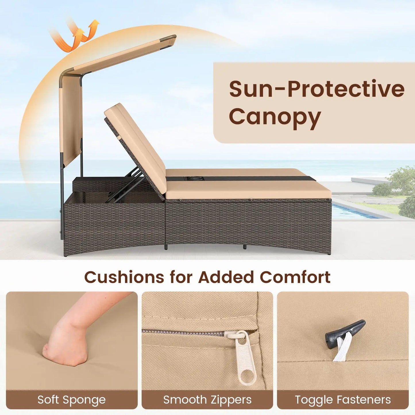 Outdoor Daybed for Two with adjustable backrests, brown PE rattan frame and tan cushions on Tampa Home & Garden Store