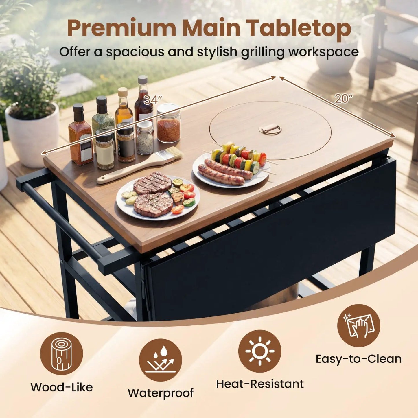 Outdoor Dining Cart with BBQ Grill and Folding Side Panel wood-like tabletop black frame on Tampa Home & Garden Store