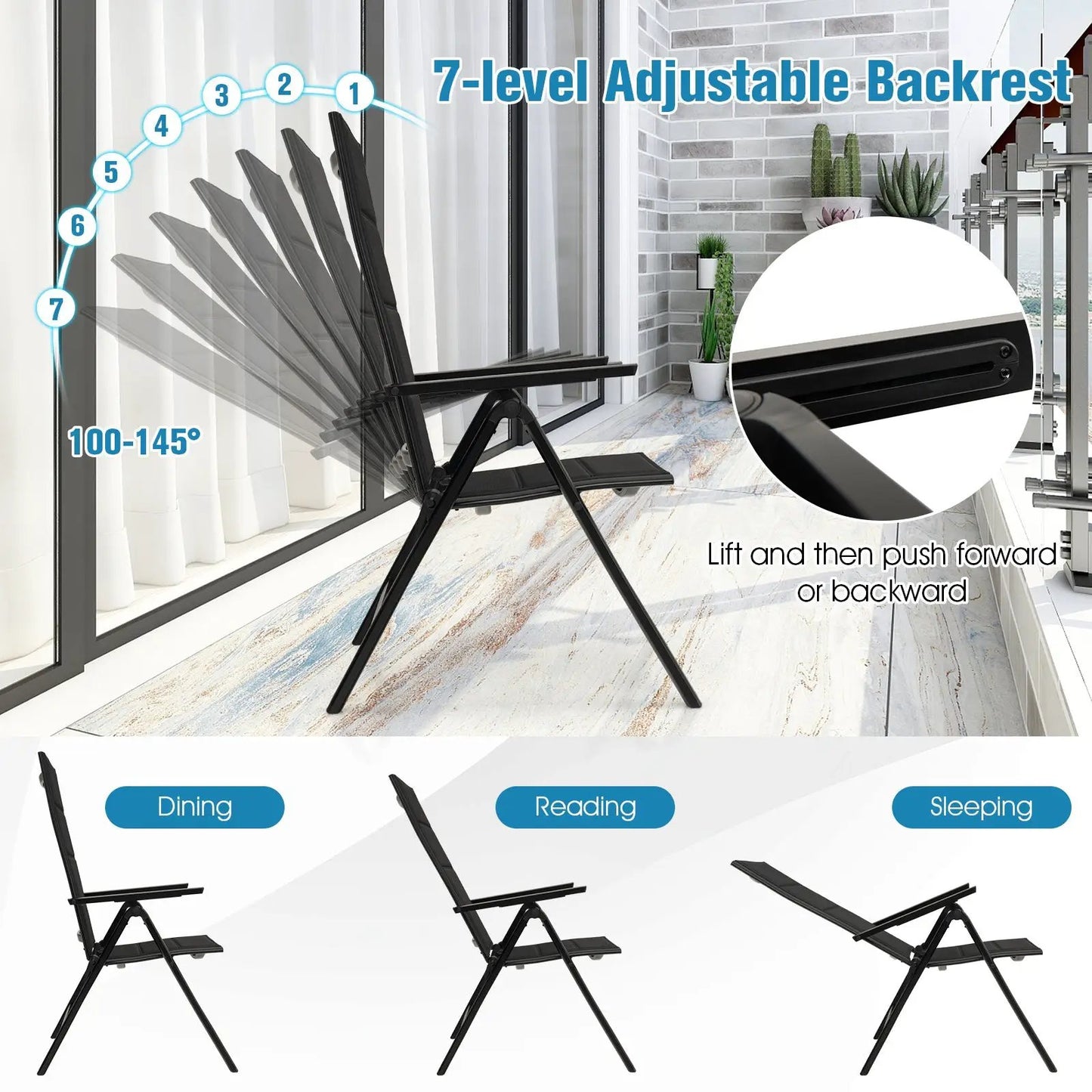 Outdoor Dining Chair with Soft Padded Seat and 7-Position Adjustable Backrest-Black - Tampa Home & Garden Store