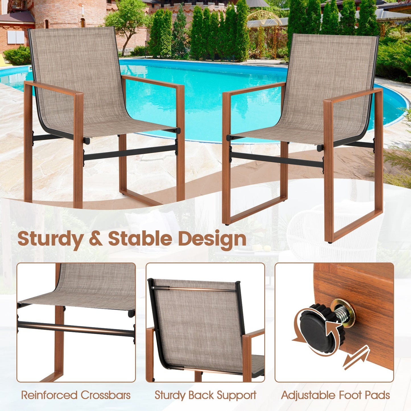 Sillas de comedor para exterior con asiento y respaldo transpirables, juego de 2 - Marrón