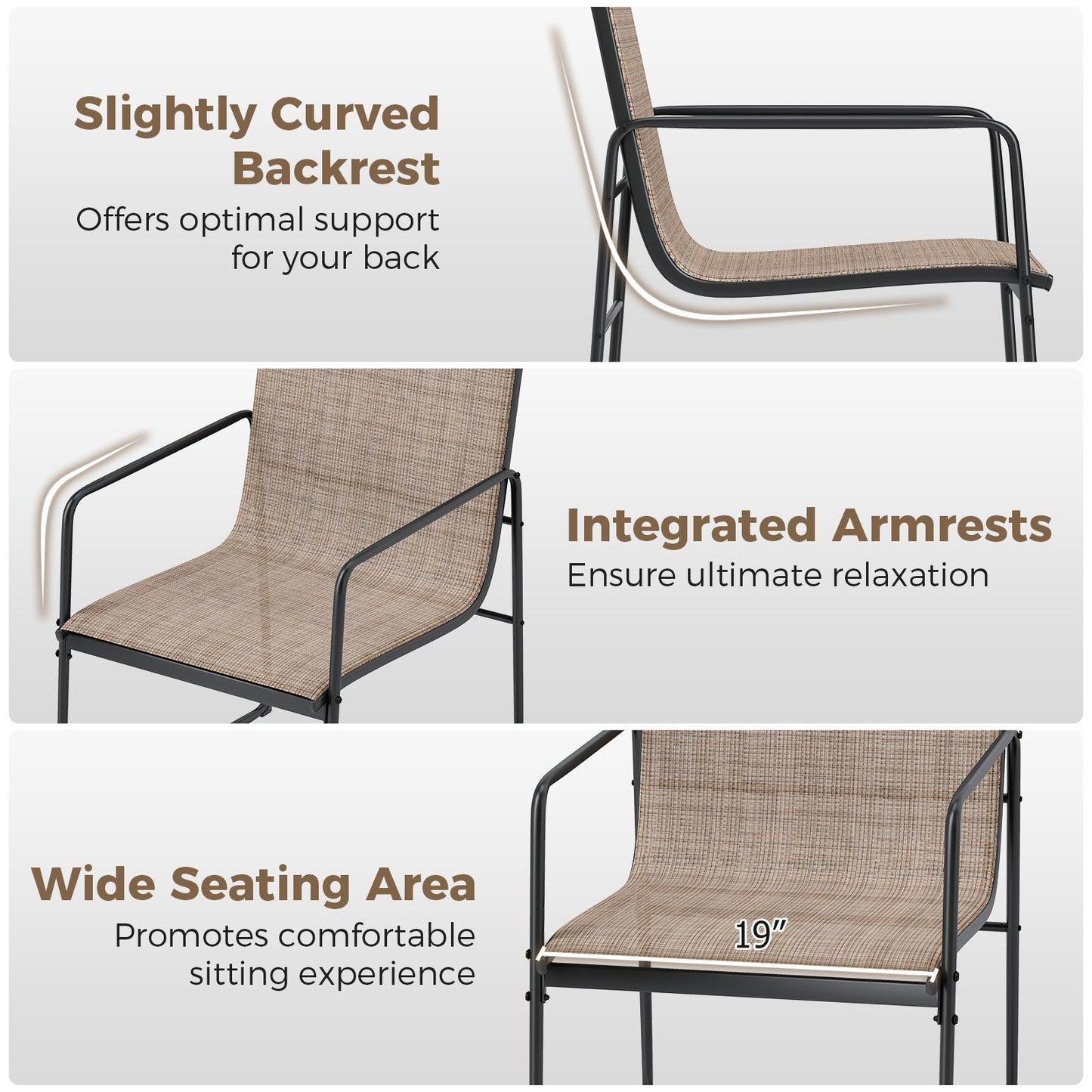 Juego de 2 sillas de comedor para exterior con asiento y respaldo transpirables para patio - Marrón