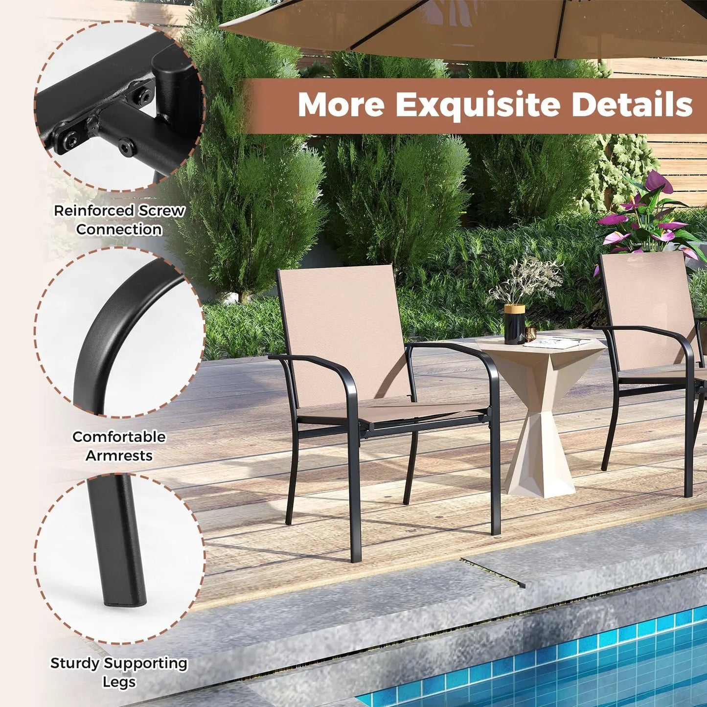 Outdoor Dining Chairs Set of 2 with High Back and Metal Frame-Light Brown - Tampa Home & Garden Store