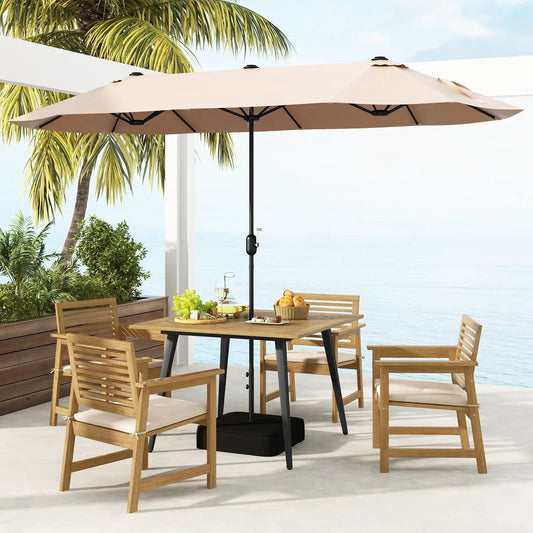 Acacia wood outdoor dining table for 4 with beige umbrella and wooden chairs on Tampa Home & Garden Store