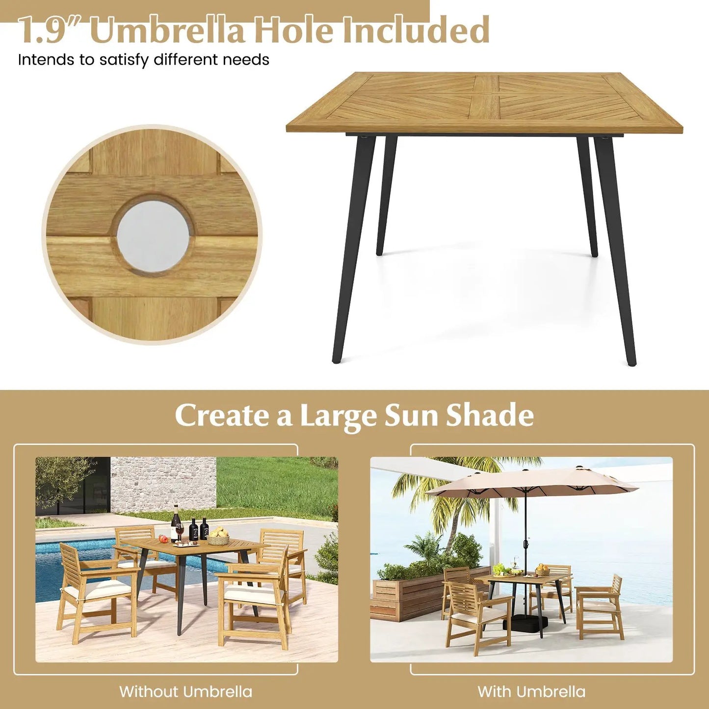 Acacia Wood Outdoor Dining Table for 4 with parquet-pattern top and black metal legs on Tampa Home & Garden Store