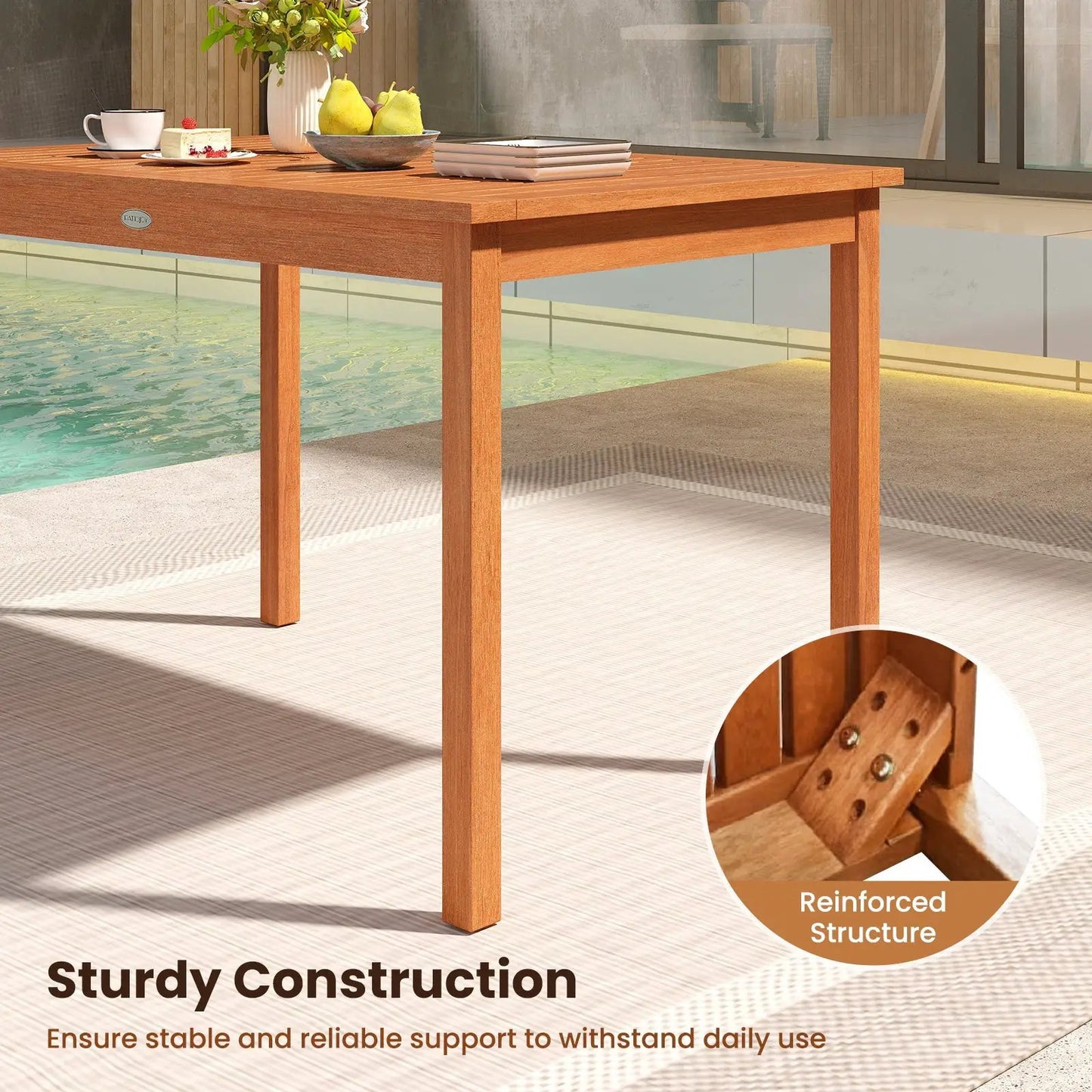 Outdoor dining table 48-inch wood for 4-6 people, natural oak finish with reinforced structure on Tampa Home & Garden Store
