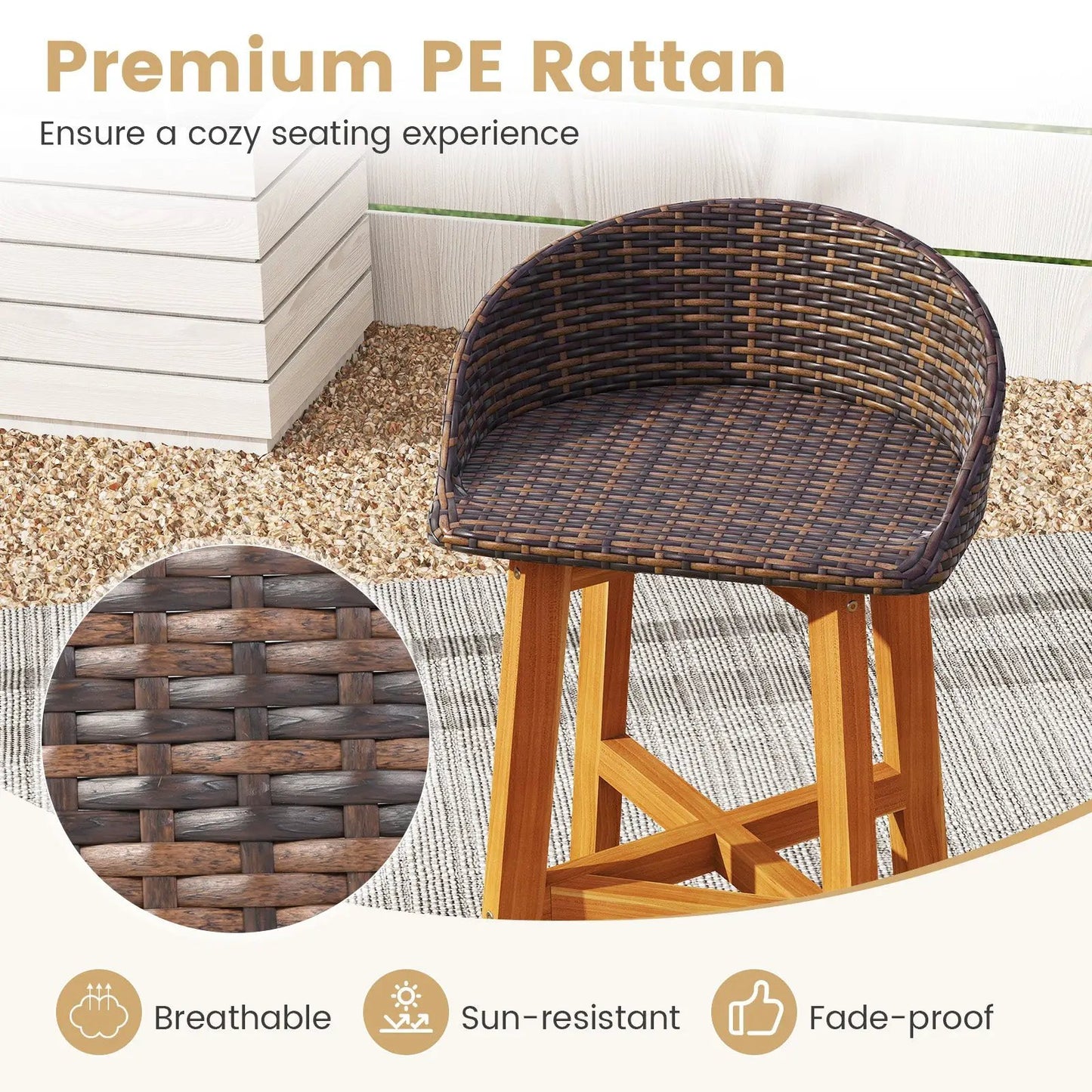 Outdoor faux rattan bar chairs set of 2 with curved backrests brown wicker and wooden legs on Tampa Home & Garden Store