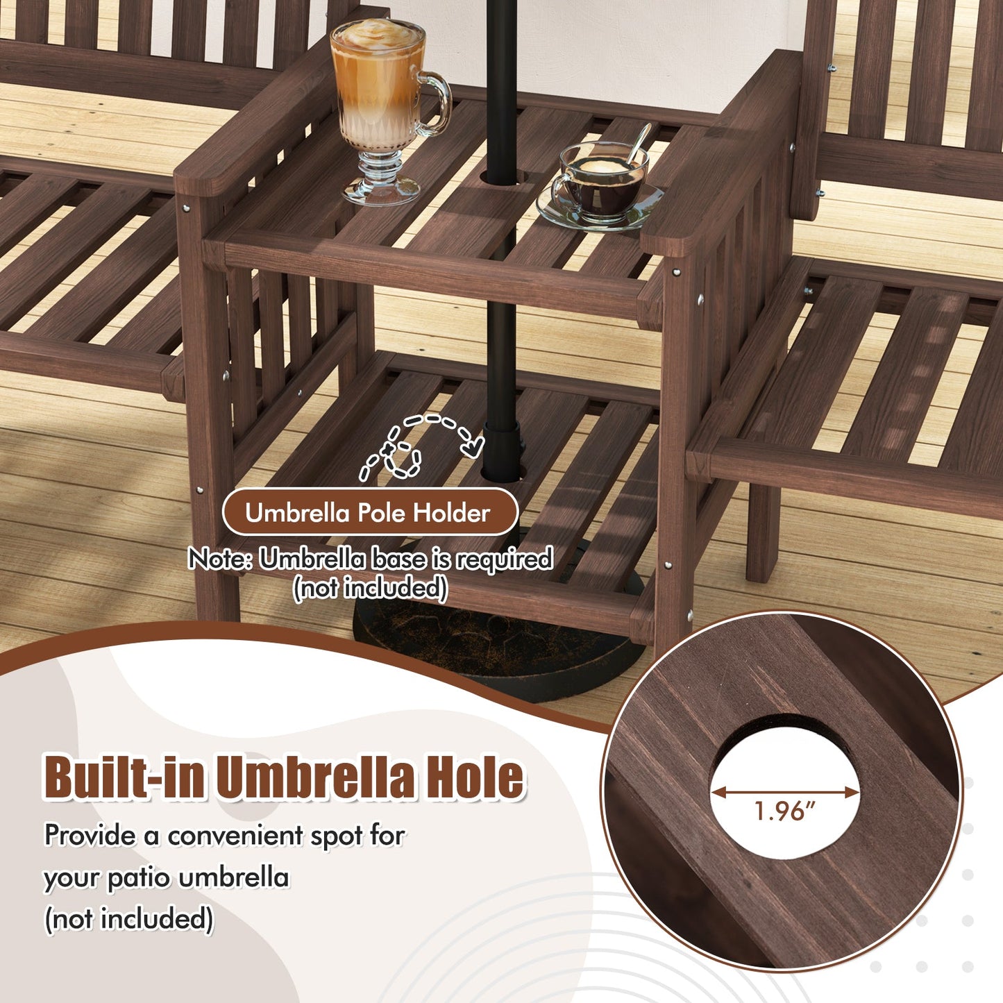 Sofá de dos plazas de abeto para exteriores con mesa auxiliar de 2 niveles y agujero para sombrilla de 1,96"-Café