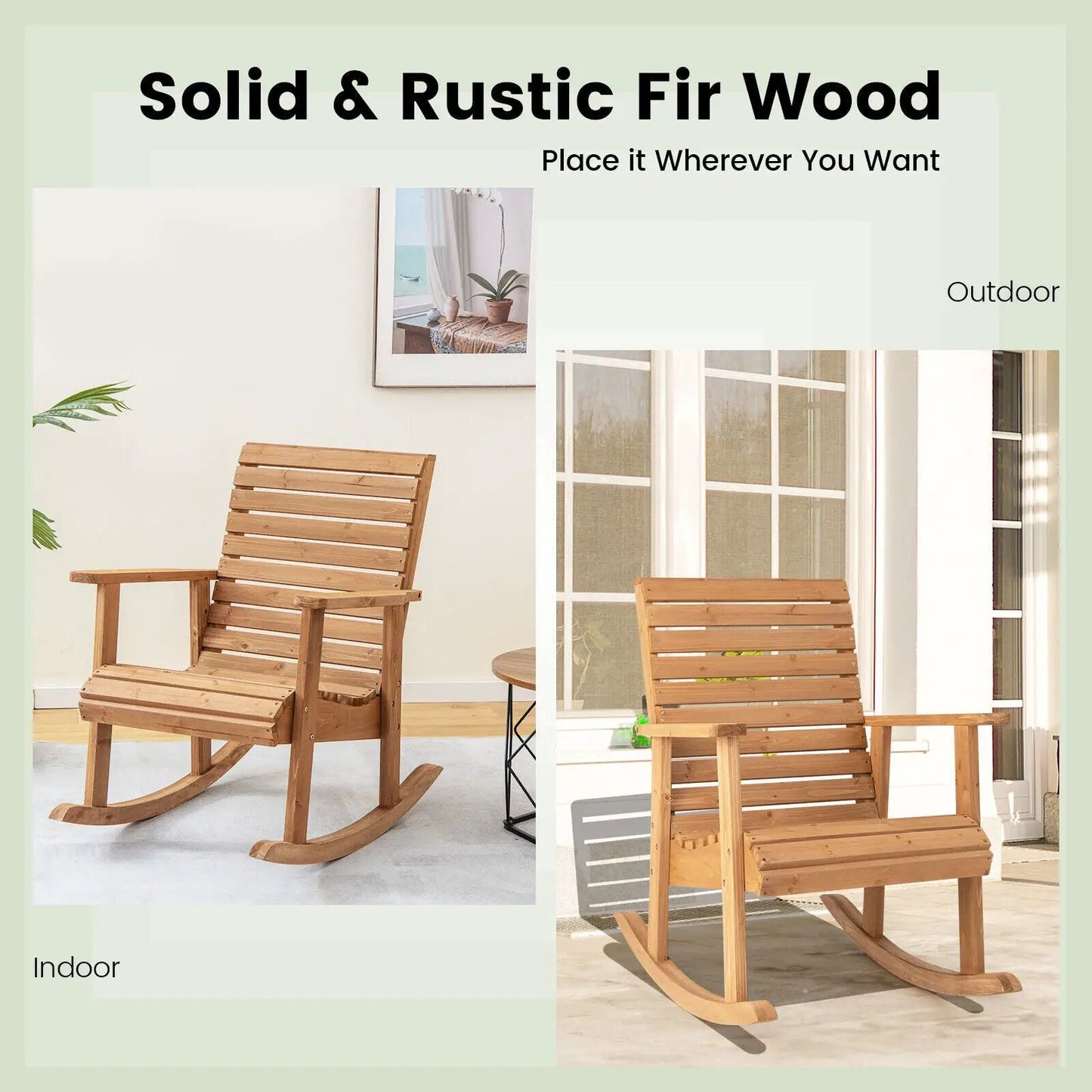 Two outdoor fir wood rocking chairs with high backrests, natural finish, DirectDeals on Tampa Home & Garden Store
