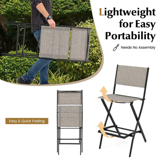 Outdoor Folding Bar Height Stool Set of 4, black metal frame and beige woven seats on Tampa Home & Garden Store