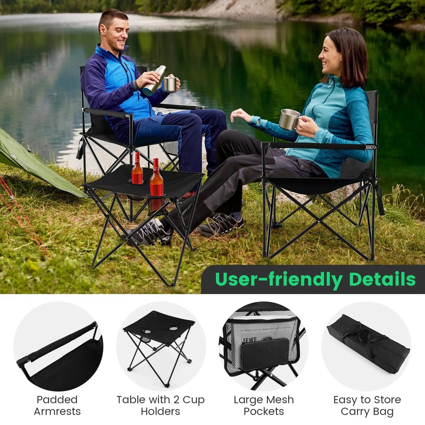 Outdoor Folding Camping Chairs and Table Set with Carrying Bag-Black - Tampa Home & Garden Store