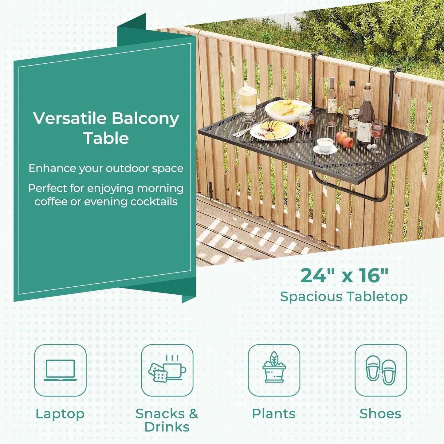 Outdoor Folding Hanging Table with Metal Frame by DirectDeals, black perforated table on balcony on Tampa Home & Garden Store