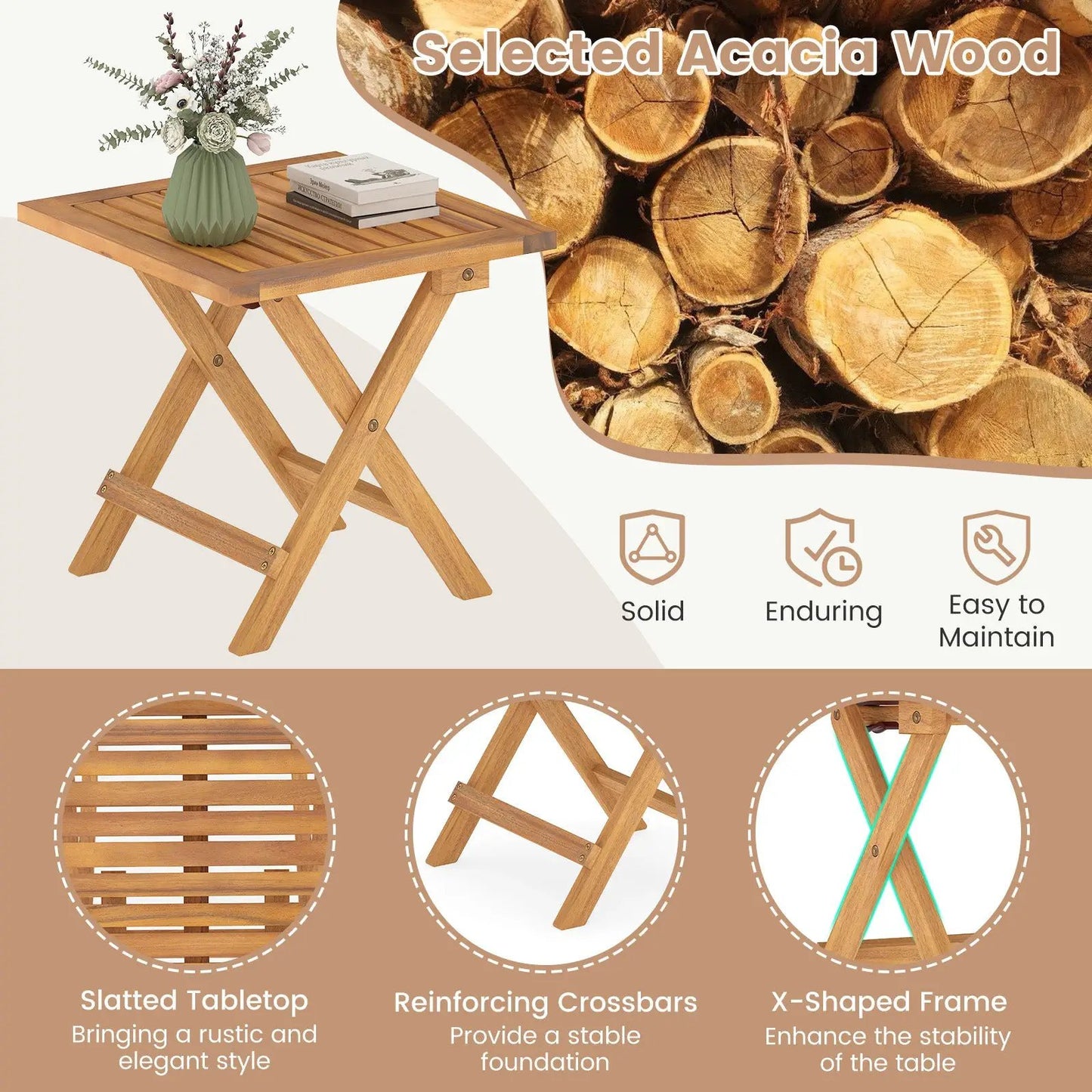 Outdoor Folding Side Table for Small Spaces in natural acacia wood with slatted top DirectDeals on Tampa Home & Garden Store