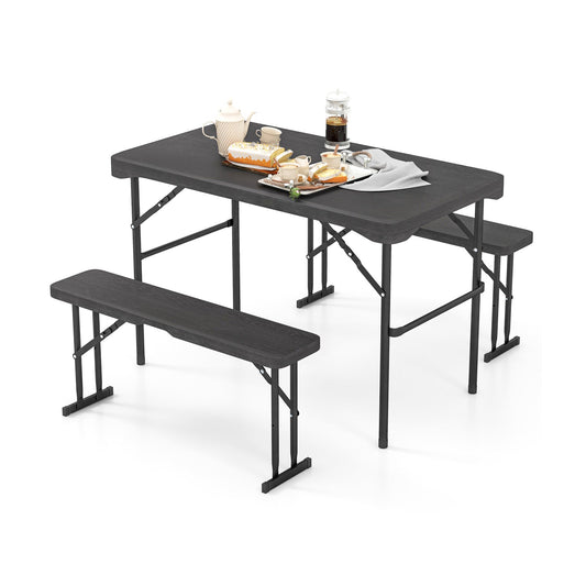 Outdoor Folding Table Bench Set w All-Weather HDPE Tabletop and Sturdy Metal Frame-Black - Tampa Home & Garden Store
