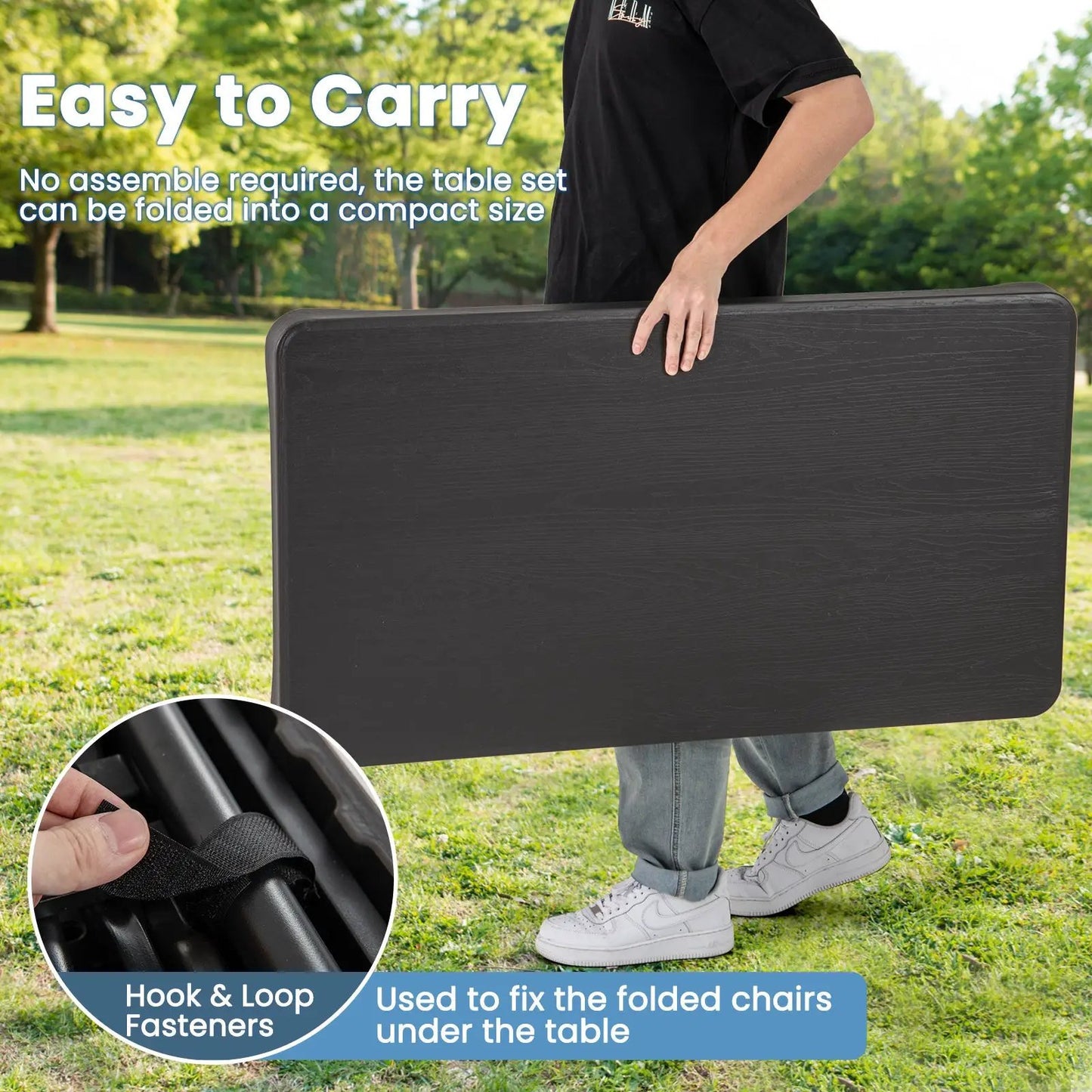 Outdoor Folding Table Bench Set by DirectDeals with black HDPE top and metal frame on Tampa Home & Garden Store