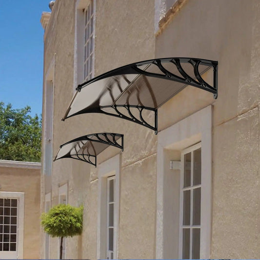 Outdoor front door patio overhang awning two DirectDeals black curved metal frame and tan canopy on Tampa Home & Garden Store