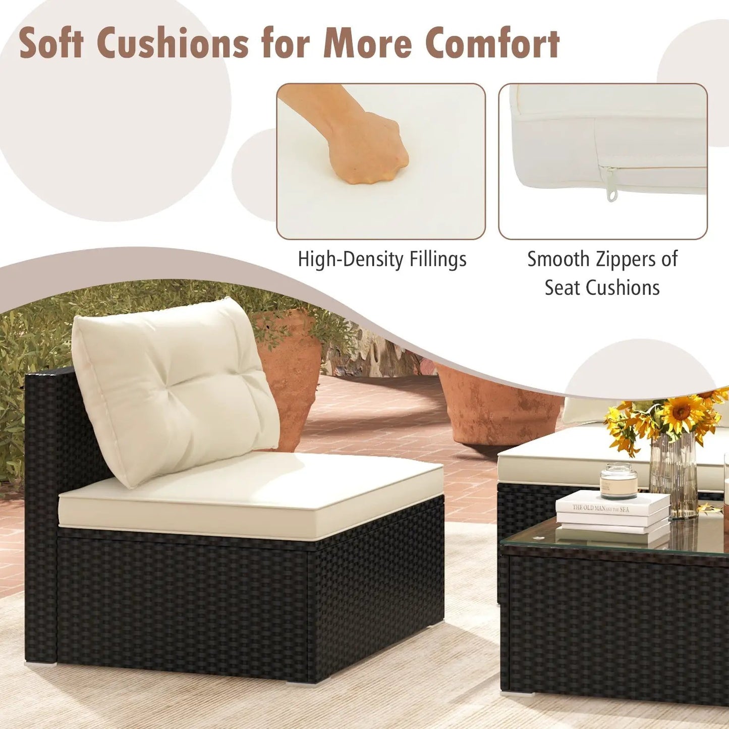 5 Piece Outdoor Patio Furniture Set with Cushions dark wicker frames white cushions on Tampa Home & Garden Store