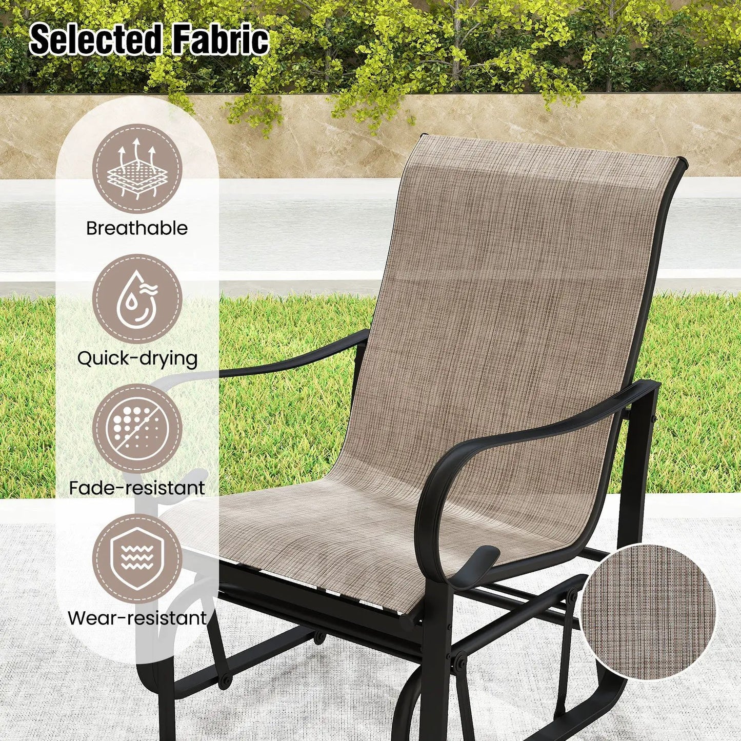 Outdoor glider chairs set of 2 with tan-brown mesh fabric and black metal frame on Tampa Home & Garden Store