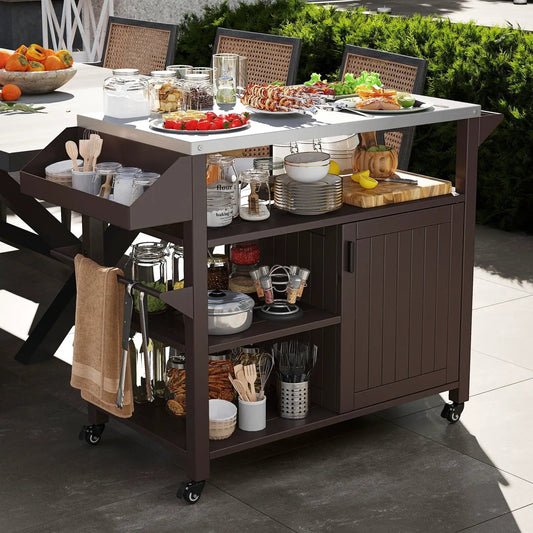 Outdoor grill cart with brown frame and stainless steel top, shelves with jars and dishes on Tampa Home & Garden Store