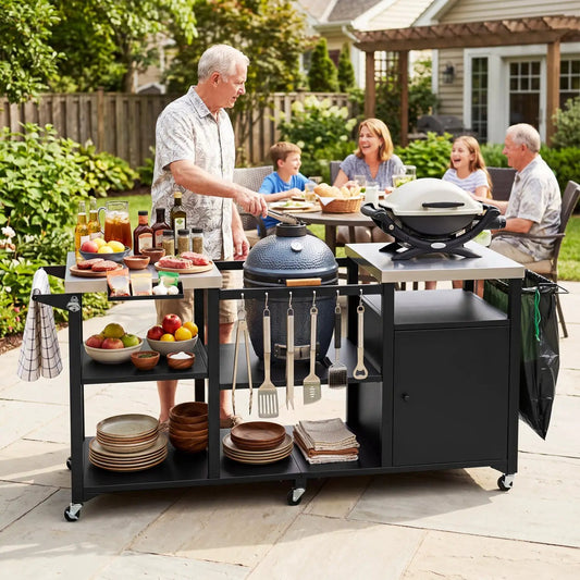 Outdoor grill cart DirectDeals with stainless tabletop and black cabinet on Tampa Home & Garden Store