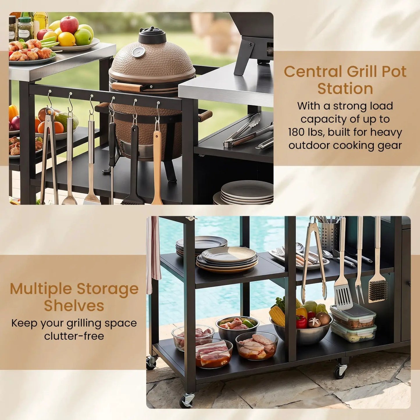 Outdoor Grill Cart DirectDeals with stainless steel top and cabinet, black frame, utensil hooks on Tampa Home & Garden Store