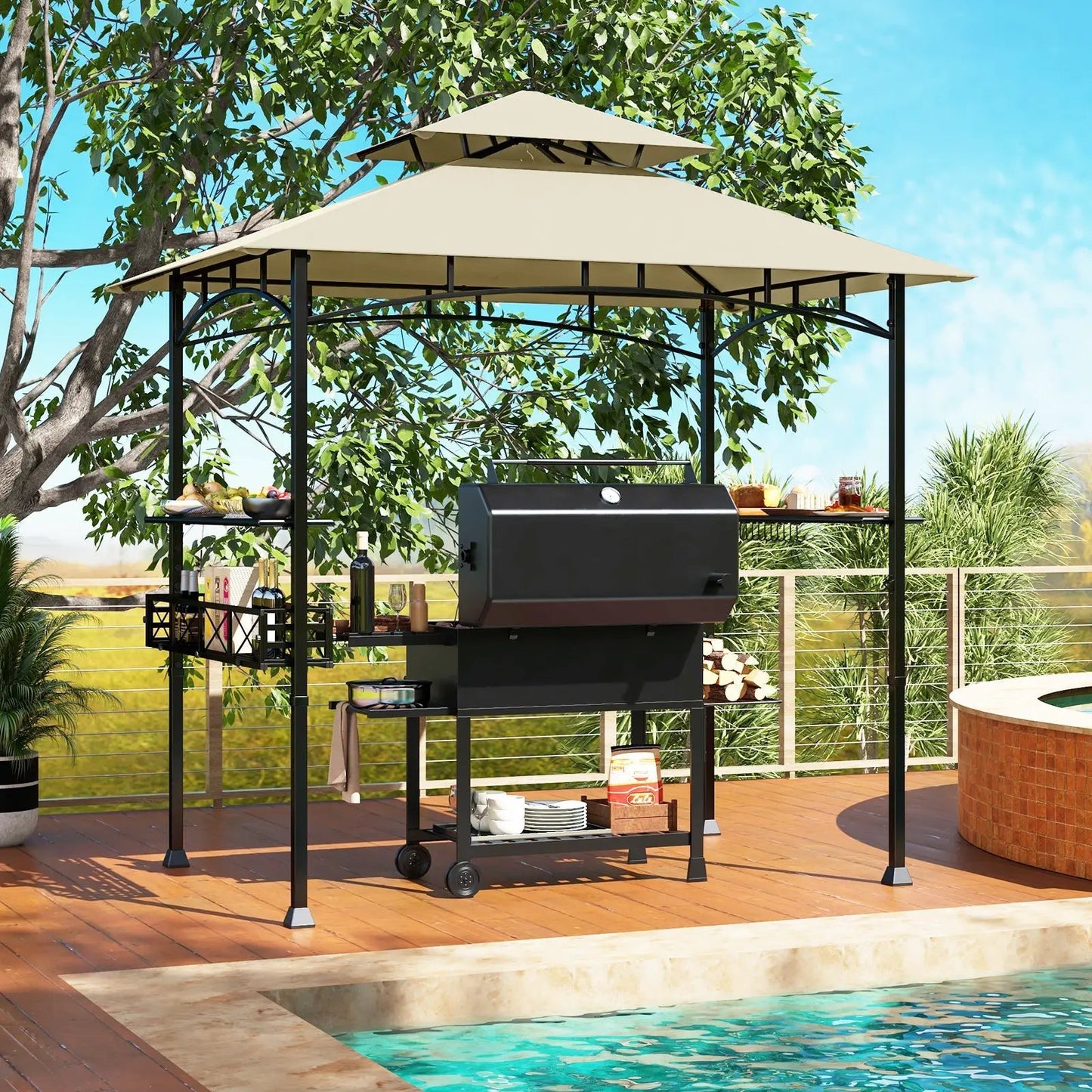 Outdoor Side Table with LED Warm Light Glass Top