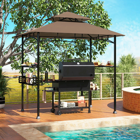 8 x 5 Feet Outdoor Grill Gazebo with 2 Side Shelves and 10 Hooks-Brown