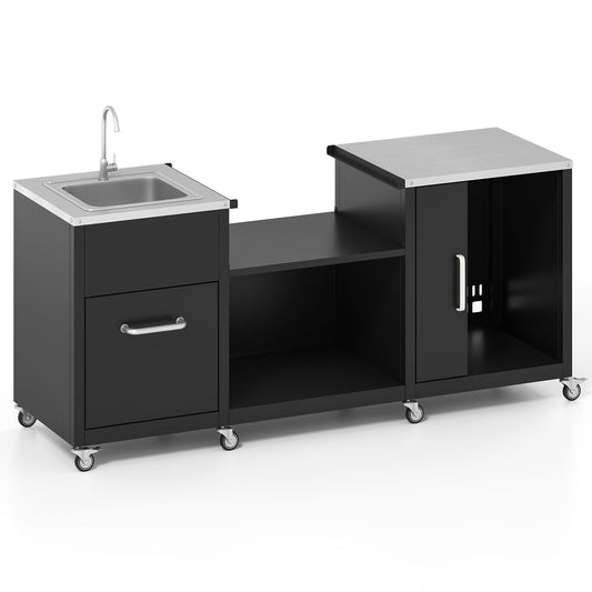 Outdoor Grill Table with Sink and Drainage Heavy Duty Metal Grill Cart-Black