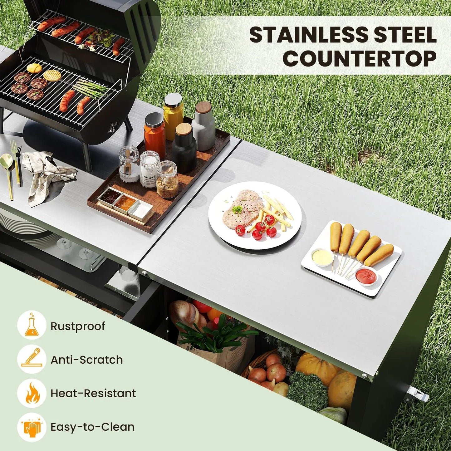 Outdoor Grill Table with Sink and Drainage Cart black metal with stainless steel countertop on Tampa Home & Garden Store