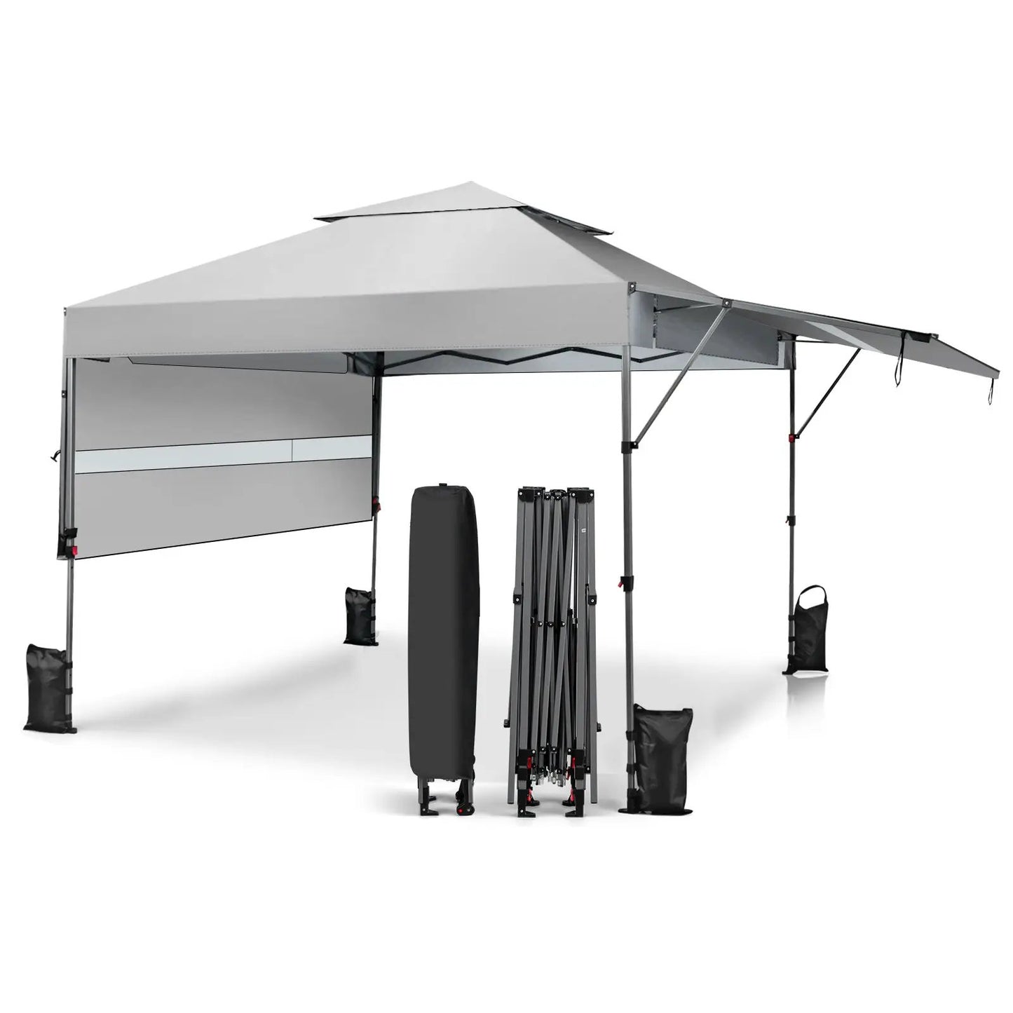 Outdoor pop-up canopy tent with dual awnings, gray fabric and metal frame on Tampa Home & Garden Store
