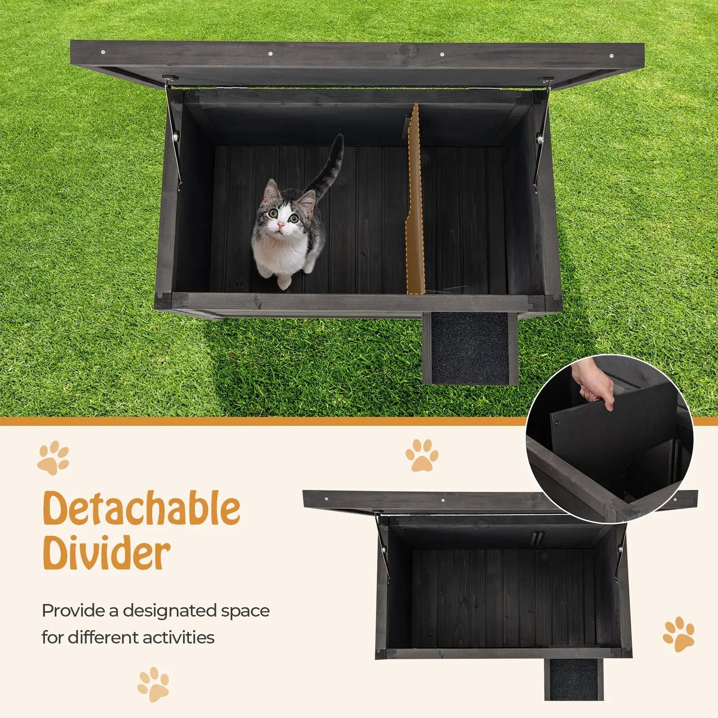 Insulated Cat House with Round Foam Insulation, outdoor black wood shelter with divider on Tampa Home & Garden Store