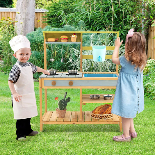 Outdoor Mud Kitchen for Kids with Water Box playset with pots and utensils; two kids play on Tampa Home & Garden Store