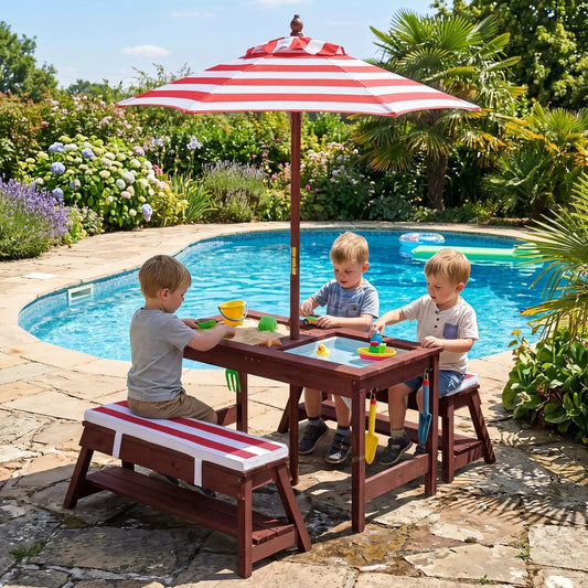 Kids wooden picnic table set with red umbrella and sand boxes for three kids on Tampa Home & Garden Store