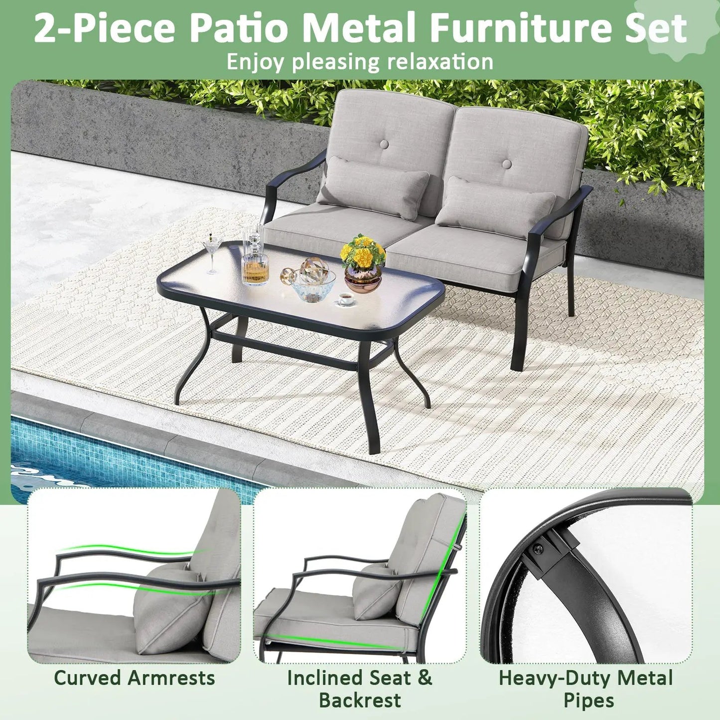 Outdoor Loveseat Chair Set with ergonomic comfort, gray cushions and glass-top coffee table on Tampa Home & Garden Store