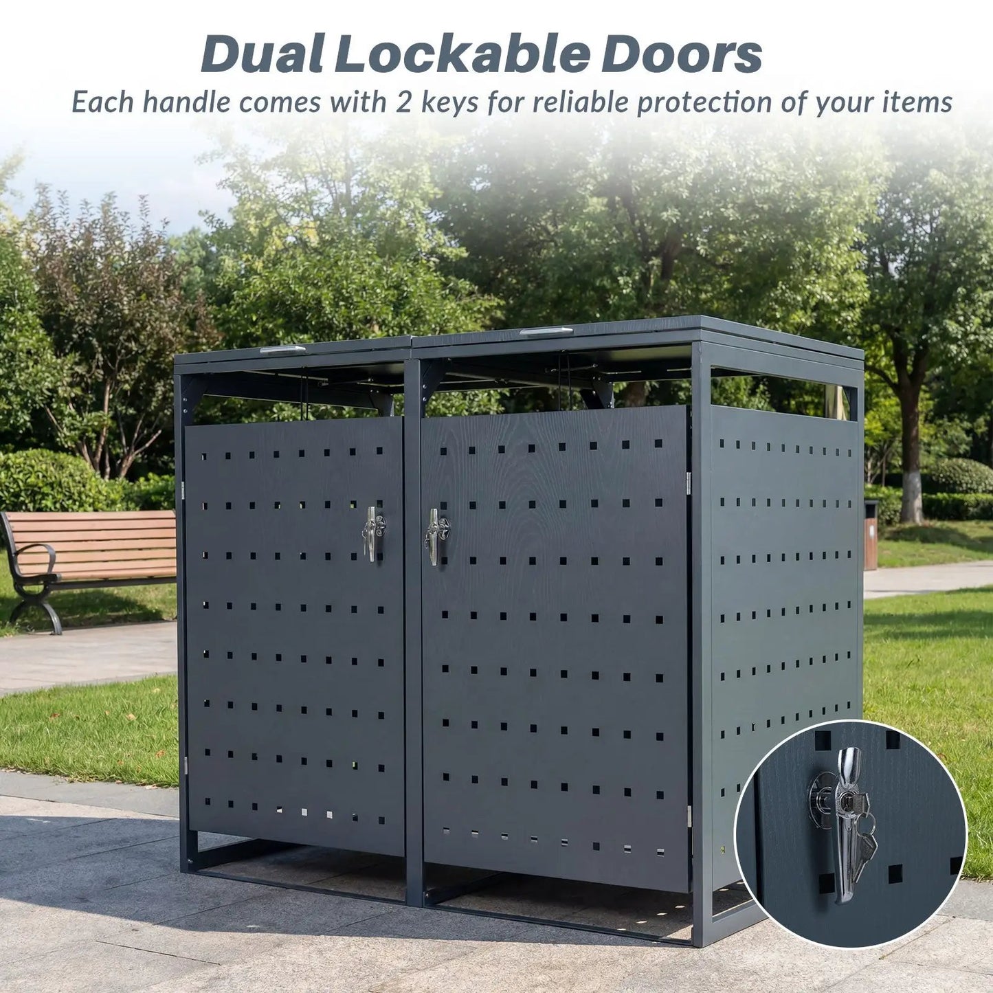 Outdoor metal bin storage shed for 2 trash cans gray dual-lockable doors on Tampa Home & Garden Store
