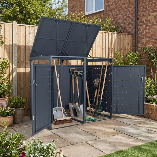 Outdoor Metal Garbage Bin Storage Shed for 2 Trash Cans Double Trash Can Enclosure-Gray - Tampa Home & Garden Store