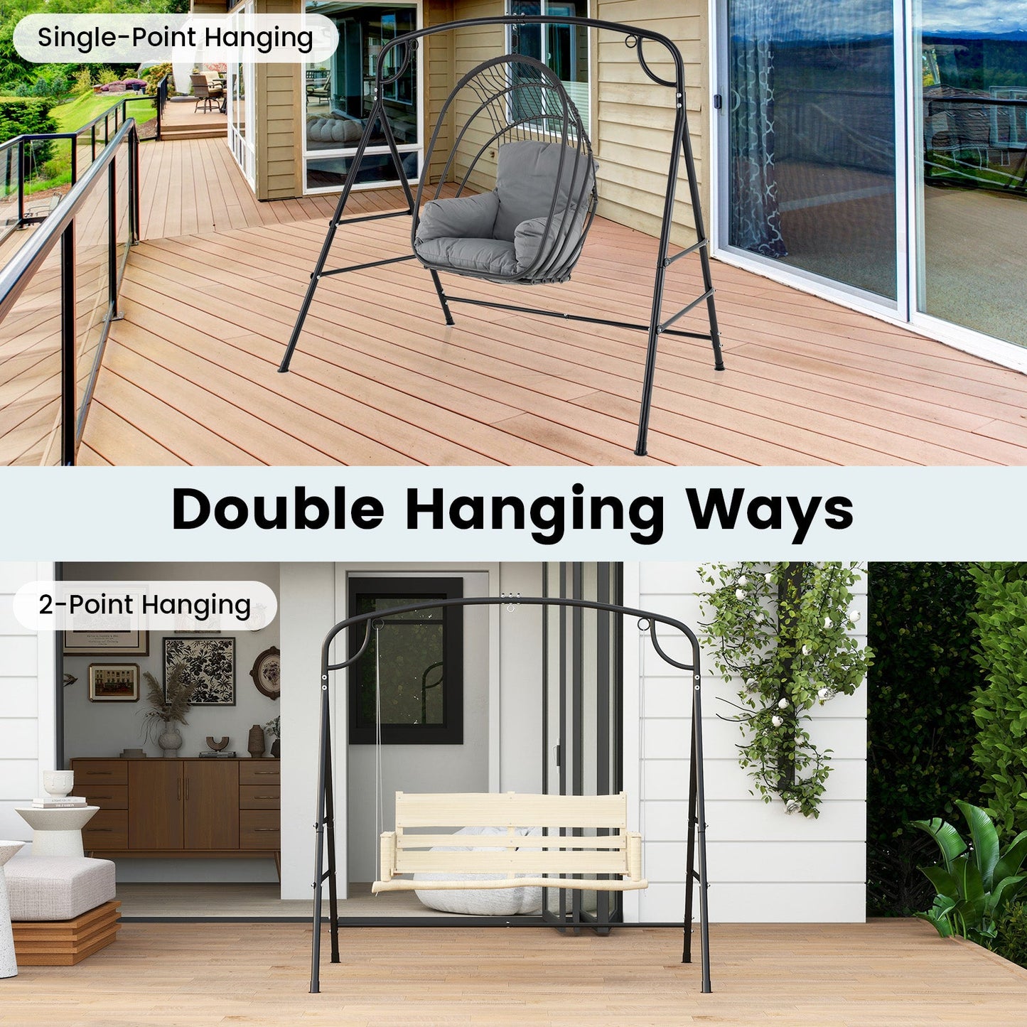 Outdoor Metal Swing Stand with 4 Support Bars and 2 Hanging Ways-Black